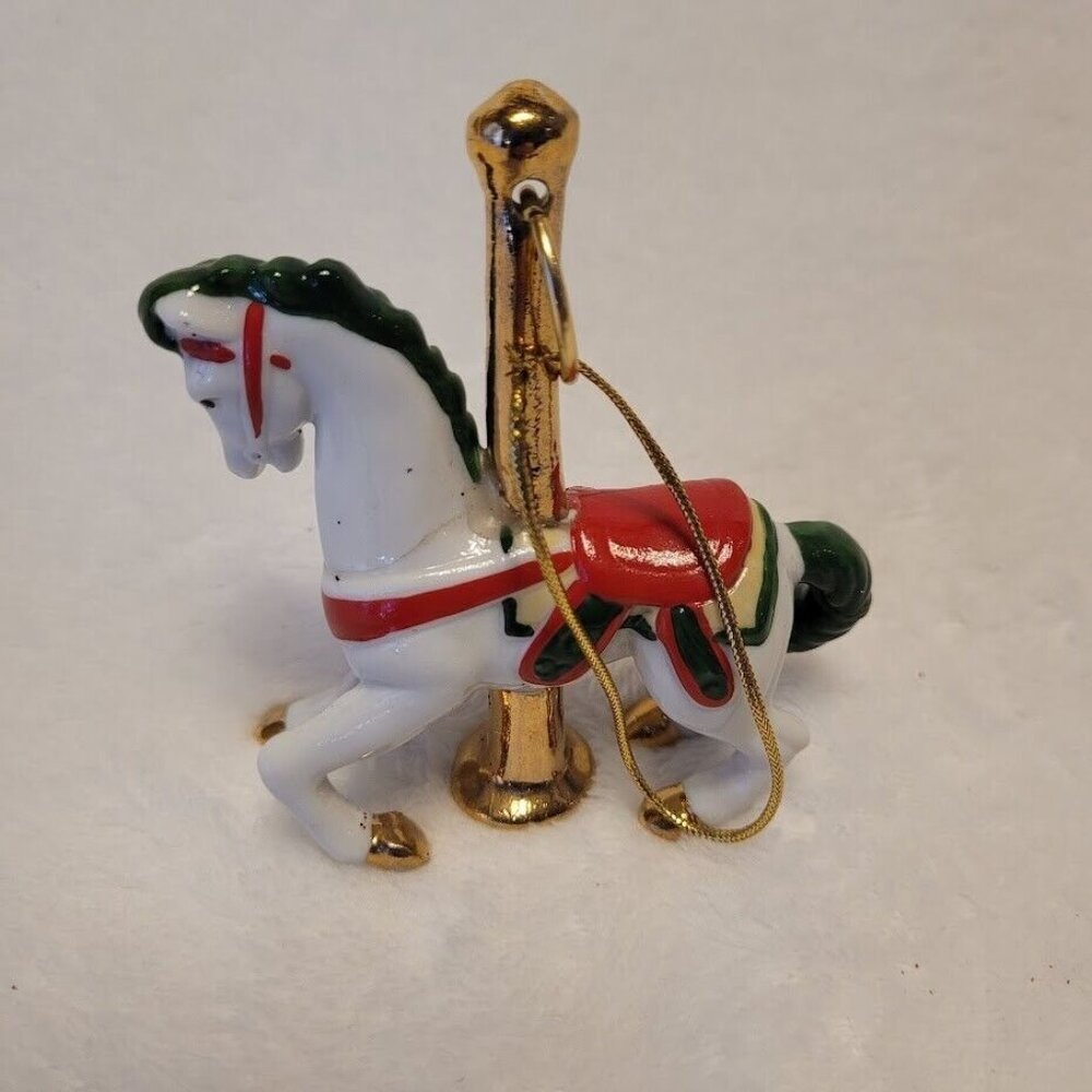 Vintage Carousel Horse Ornament White Red Green Gold Trim Holiday Decor - Picture 5 of 8